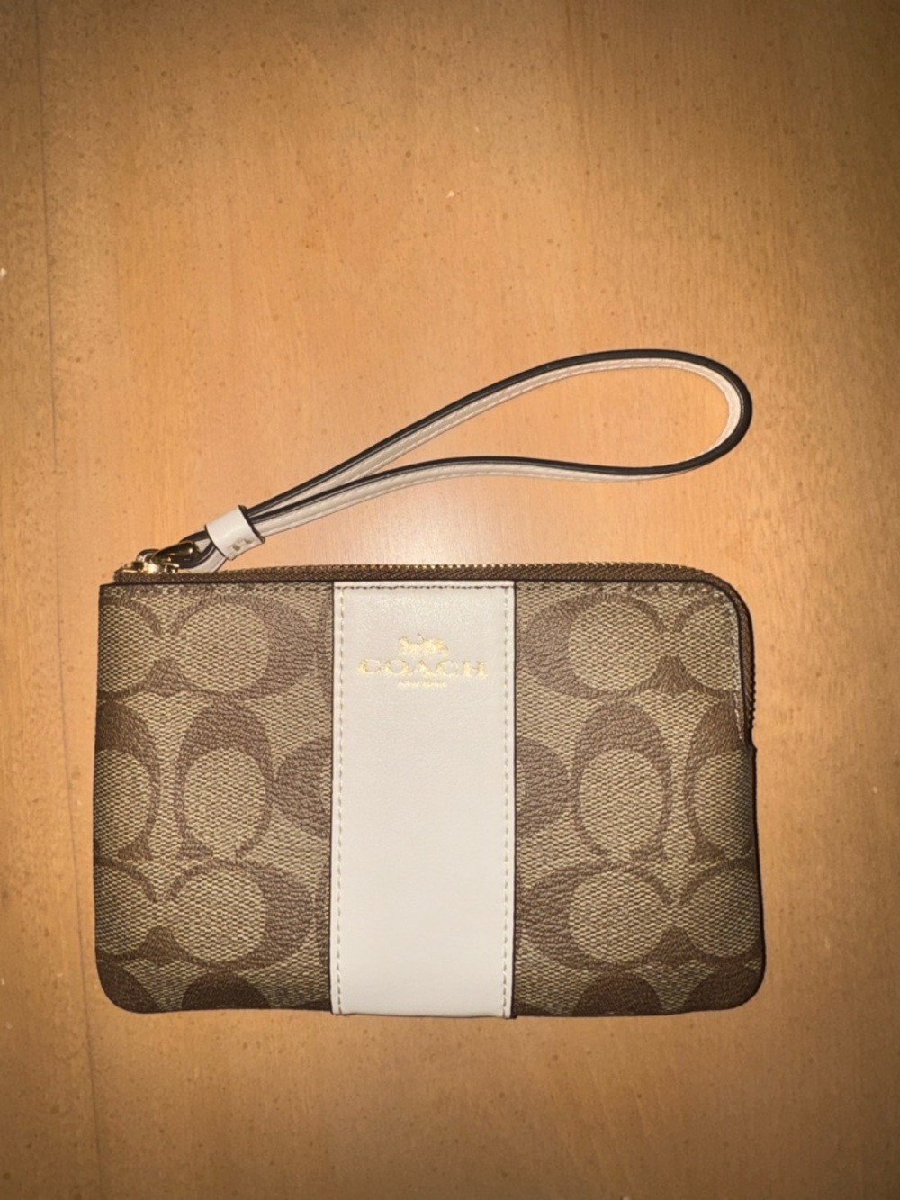 Coach Brown Signature Canvas Wristlet with White Center Stripe